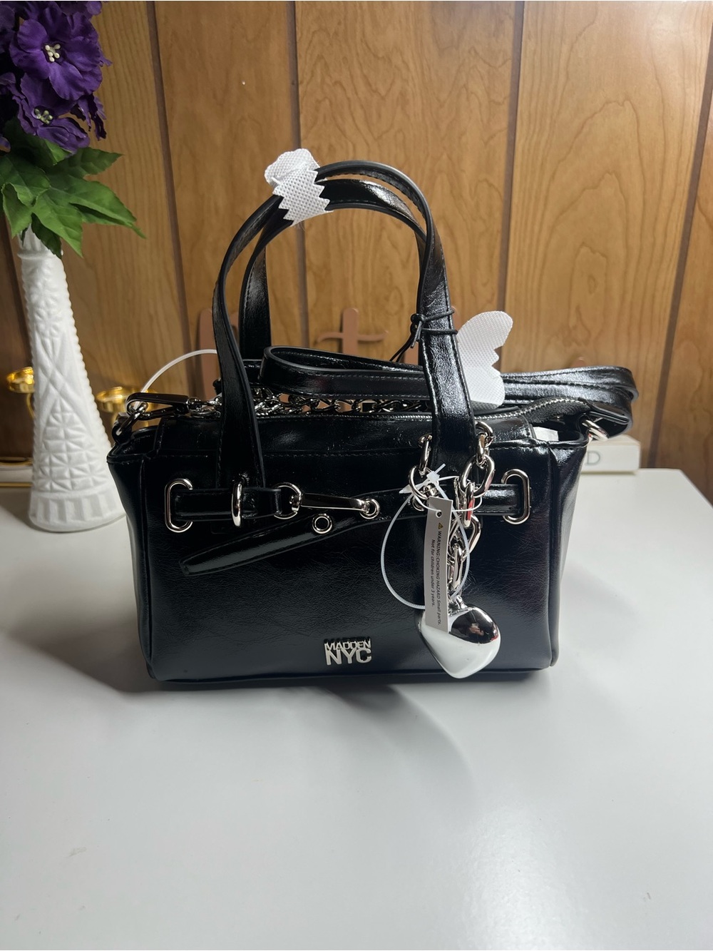 Madden NYC Black Patent Satchel with Charm